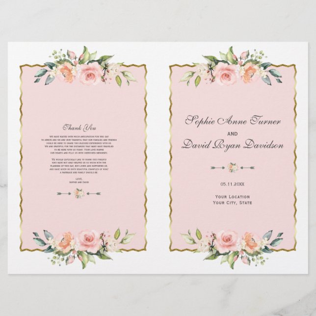 Watercolor Blush Floral Gold Frame Wedding Program Flyer (Front)