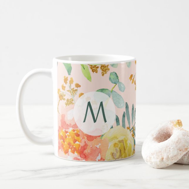Watercolor Blush Floral Gold Glitter Monogram Coffee Mug (With Donut)