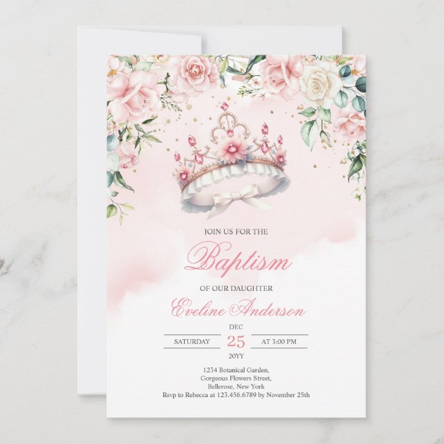 Watercolor blush floral wreath Baptism tiara Invitation (Front)