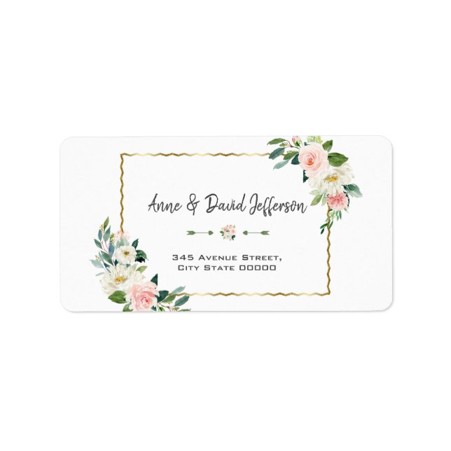 Watercolor Blush Flowers Gold Navy Wedding Label (Front)