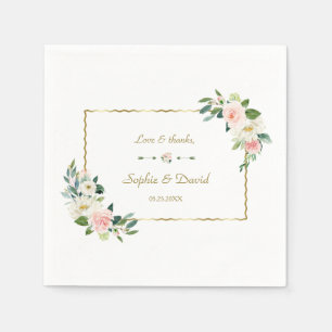 Watercolor Blush Flowers Gold Navy Wedding Napkin