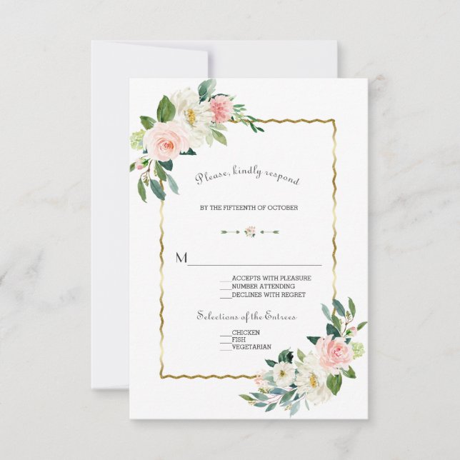 Watercolor Blush Flowers Gold Navy Wedding RSVP Card (Front)