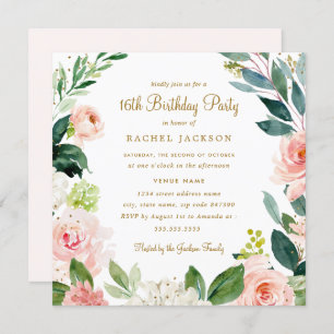 Watercolor Blush Gold Floral 16th Birthday Invite