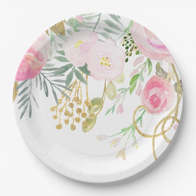 Watercolor Blush Gold Floral Bridal Shower  Paper  Plate (Front)