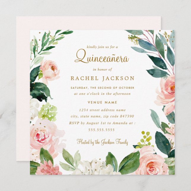 Watercolor Blush Gold Floral Quinceanera Invite (Front/Back)