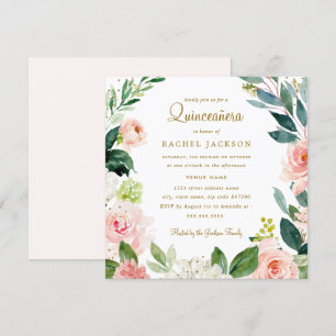 Watercolor Blush Gold Floral Quinceanera Invite