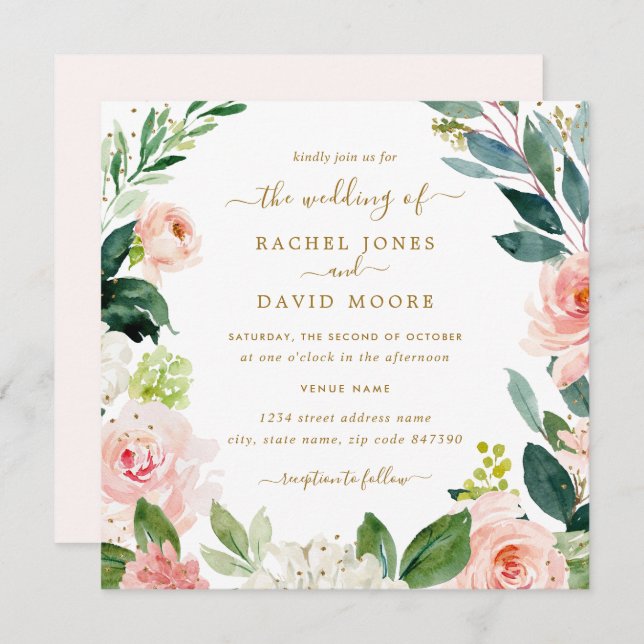 Watercolor Blush Gold Floral Wedding Invite (Front/Back)