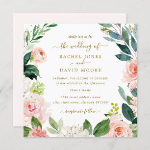 Watercolor Blush Gold Floral Wedding Invite