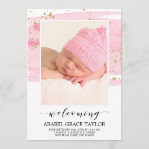 Watercolor Blush & Gold Photo Birth Announcement