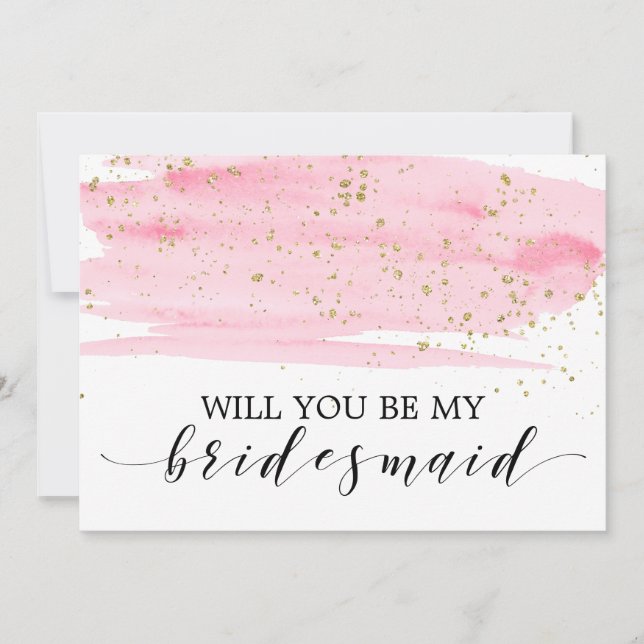 Watercolor Blush & Gold Will You Be My Bridesmaid Invitation (Front)
