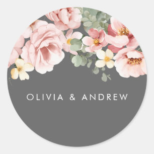 Watercolor Blush & Grey Floral Wedding Classic Round Sticker