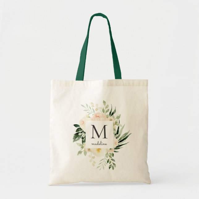 Watercolor Blush Peach Floral Greenery Monogram Tote Bag (Front)