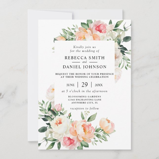 Watercolor Blush Peach Flowers & Greenery Wedding Invitation (Front)