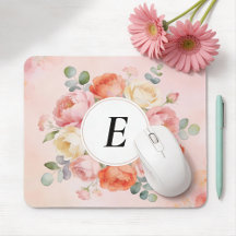 Watercolor Blush Peonies Monogrammed Mouse Pad