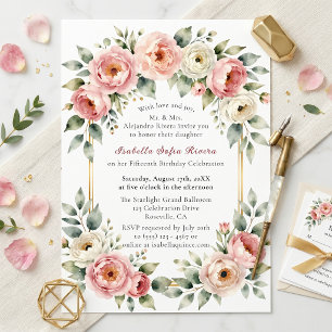 Watercolor Blush Peony Gold Frame Quinceañera Invitation