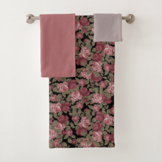 Watercolor Blush Pink and Black Floral Pattern Bat Bath Towel Set