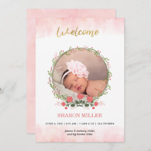 Watercolor blush pink and floral frame baby birth  announcement