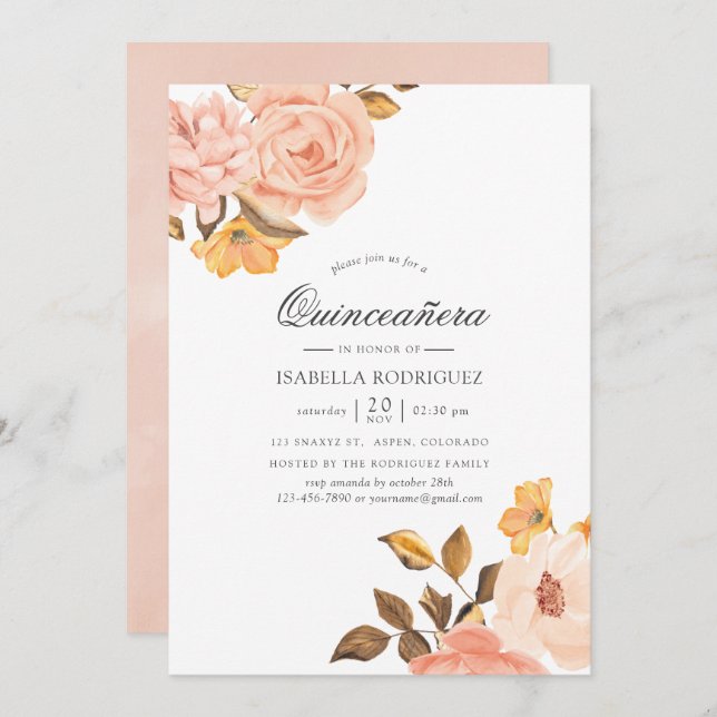 Watercolor Blush Pink and Gold Floral Quinceañera Invitation (Front/Back)