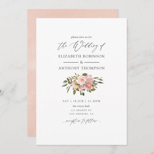 Watercolor Blush Pink and Rose Gold Roses Wedding Invitation (Front/Back)
