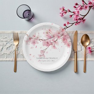 Watercolor Blush Pink Cherry Blossom Wedding Paper Plate