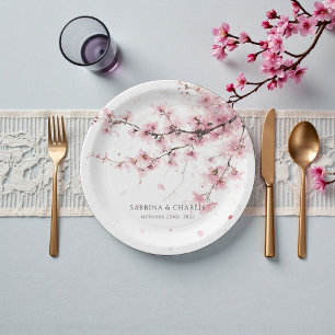 Watercolor Blush Pink Cherry Blossom Wedding Paper Plate