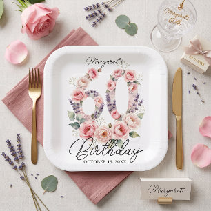 Watercolor Blush Pink Floral 60th Birthday Party Paper Plate