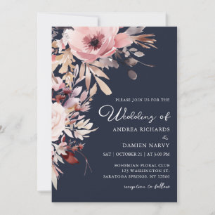 Watercolor Blush Pink Floral Dusty Blue Wedding Invitation