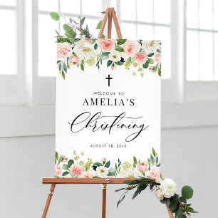 Watercolor Blush Pink Floral Garland Christening Poster