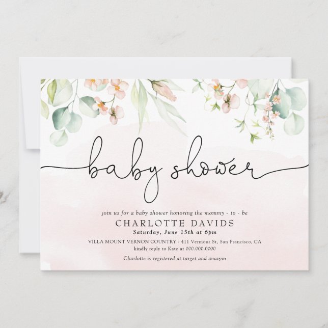 Watercolor Blush Pink Floral Girl Baby Shower Invitation (Front)
