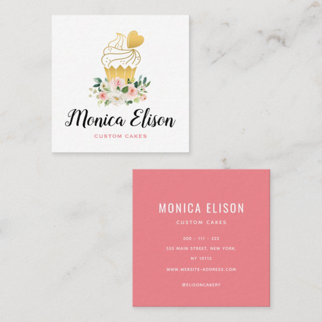watercolor blush pink floral square business card (Front/Back)