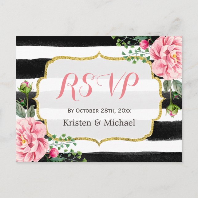 Watercolor Blush Pink Floral Stripes RSVP Invitation Postcard (Front)