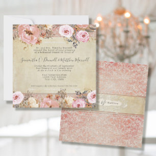 Watercolor Blush Pink Floral Vintage French Lace Invitation