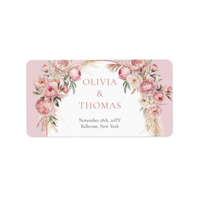 Watercolor blush pink flowers boho arch pampas  label (Front)