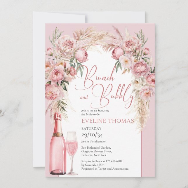 Watercolor blush pink flowers brunch and bubbly  invitation (Front)
