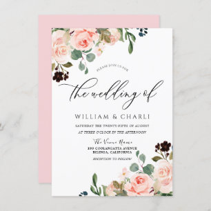 Watercolor Blush Pink Flowers Spring Wedding Invitation
