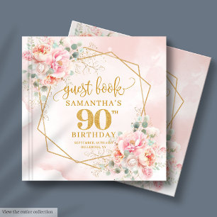 Watercolor Blush Pink Gold Glitter Peonies 90th Guest Book
