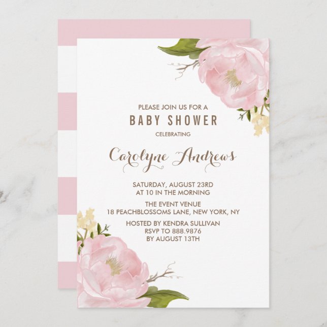 Watercolor Blush Pink Peonies Baby Shower Invite (Front/Back)