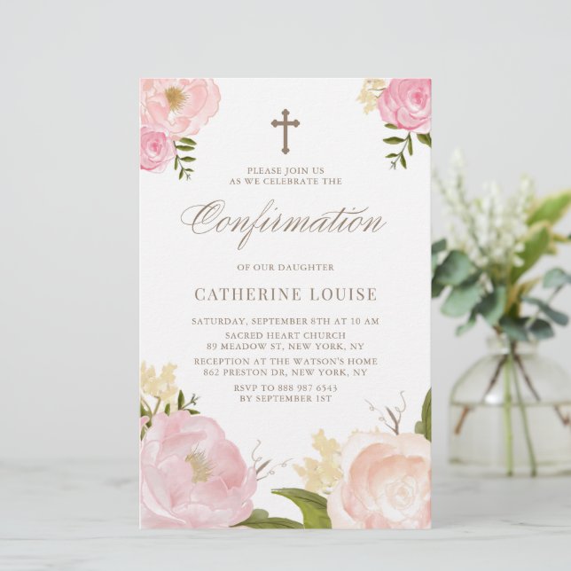Watercolor Blush Pink Peonies Confirmation Invite (Standing Front)