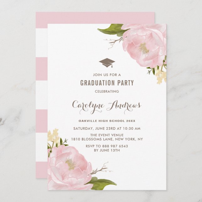 Watercolor Blush Pink Peonies Graduation Party Invitation (Front/Back)