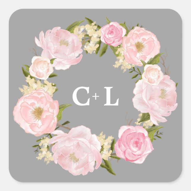 Watercolor Blush Pink Peonies Monogram Wedding Square Sticker (Front)