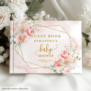 Watercolor blush pink peonies sage gold guest book