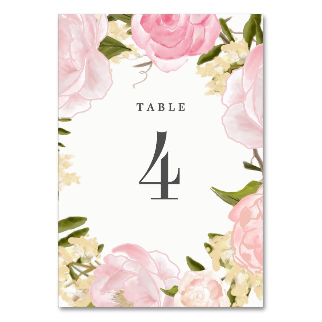Watercolor Blush Pink Peonies Wedding Table Number (Front)