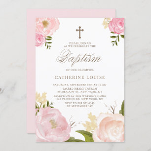 Watercolor Blush Pink Peony Floral Baptism Invitation