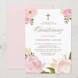 Watercolor Blush Pink Peony Floral Christening Invitation