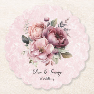 Watercolor Blush Pink Peony Marble Wedding Paper Coaster