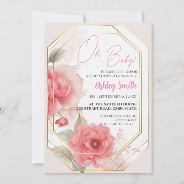 Watercolor Blush Pink Peony Watercolor Baby Shower Invitation (Front)