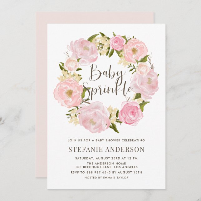 Watercolor Blush Pink Peony Wreath Baby Sprinkle Invitation (Front/Back)