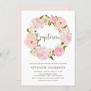 Watercolor Blush Pink Peony Wreath Baptism Invitation