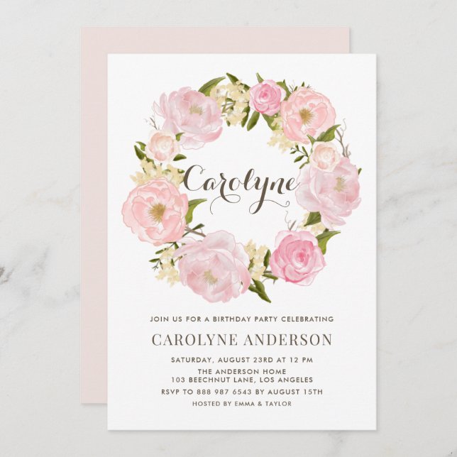 Watercolor Blush Pink Peony Wreath Birthday Party Invitation (Front/Back)