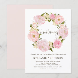 Watercolor Blush Pink Peony Wreath Christening Invitation